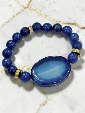 Hand Crafted Natural Blue Dragons Eye Agate and Gold Bracelet
